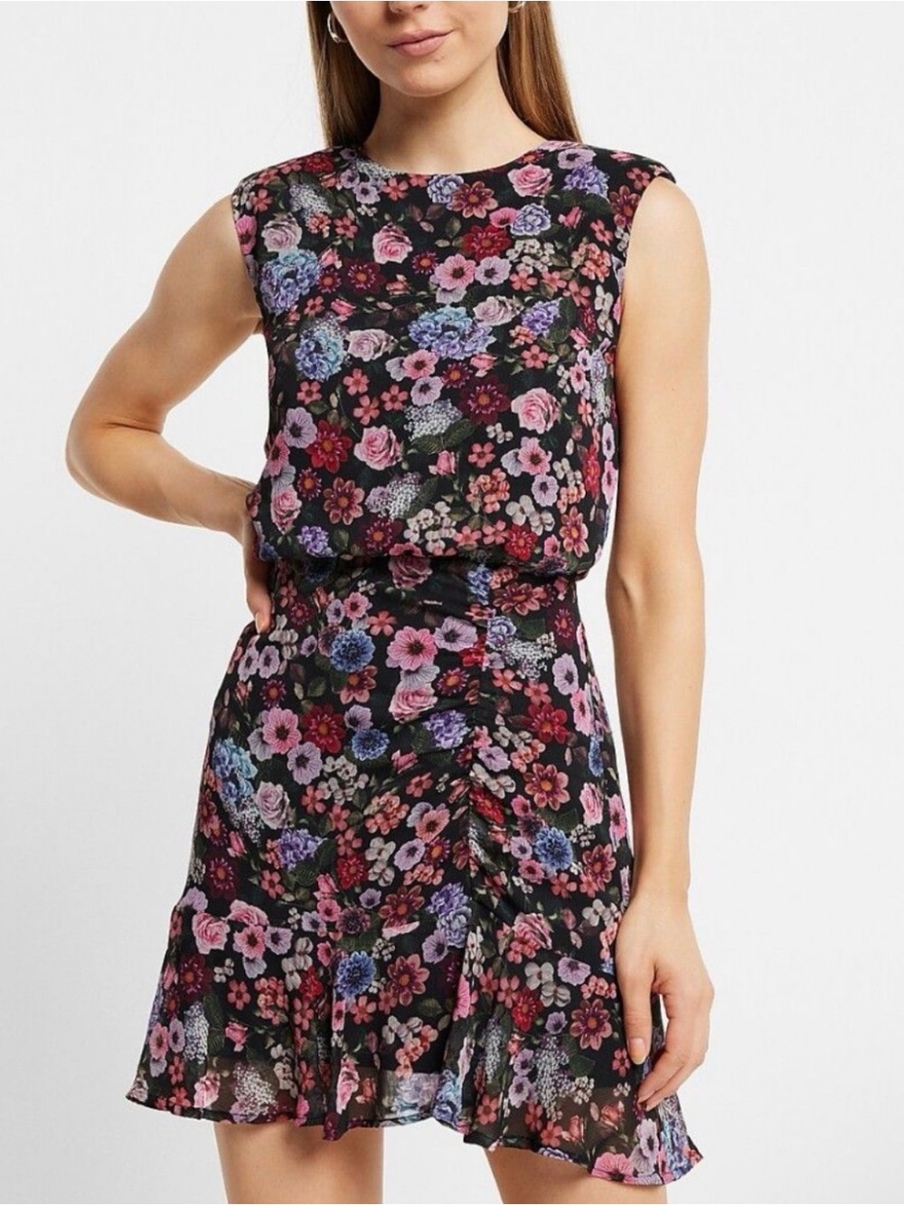 EXPRESS Floral Ruched Mini Dress- Size small